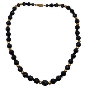 Vintage Black Faceted Czech Glass Gold Plate Bead Necklace 17" Long Choker